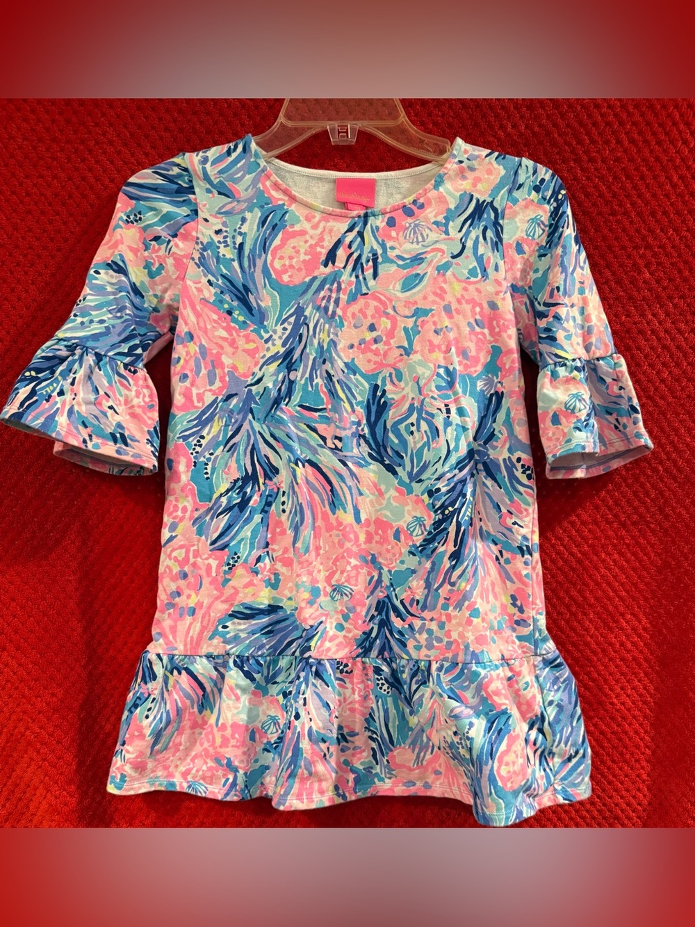 Lilly Pulitzer Pink & Blue Floral Ruffle-Hem Girls' Dress Size L (8-10)